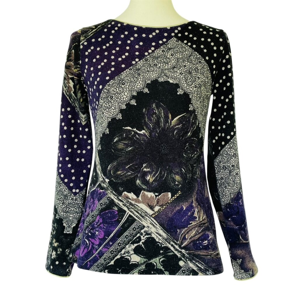 Anac Whimsigoth Sweater Sz L Dark Floral Polka Dot Stripe Purple Poison Green